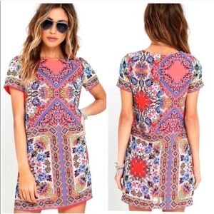 Lulus Sangria Coral Pink Tile Print Shift Dress